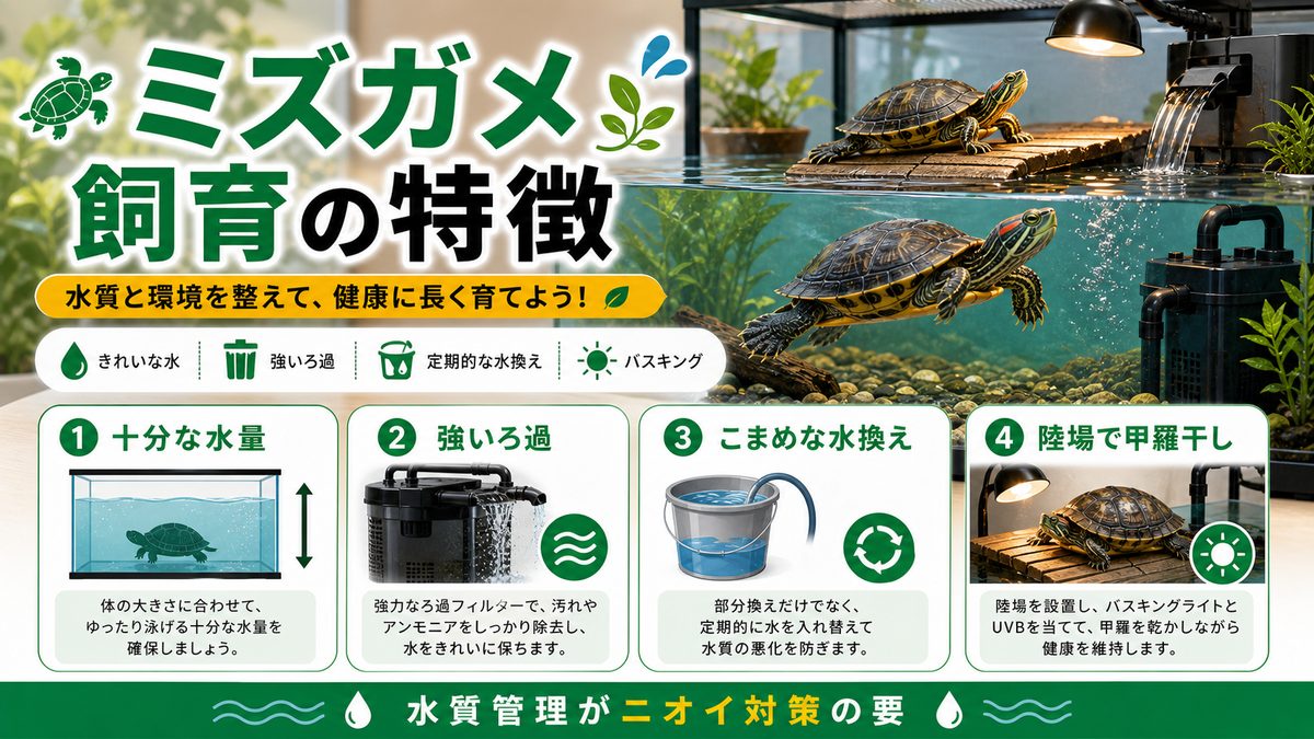 ミズガメの飼育の特徴の要点をまとめたカメレオン・爬虫類飼育インフォグラフィック