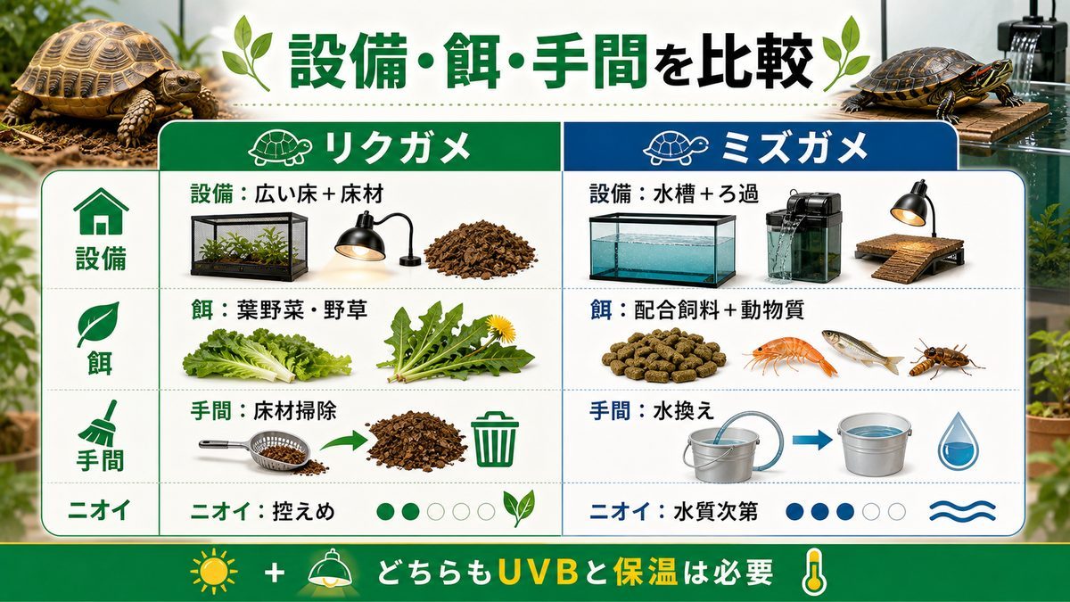 設備・餌・手間・費用を比較の要点をまとめたカメレオン・爬虫類飼育インフォグラフィック