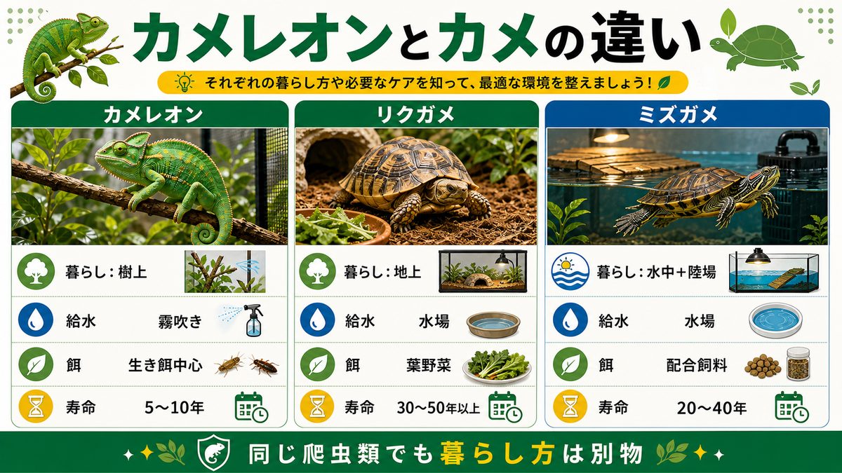 カメレオン（ぺぺ君）との違いの要点をまとめたカメレオン・爬虫類飼育インフォグラフィック