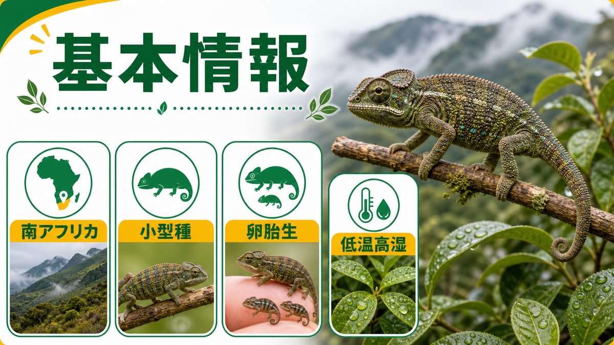 トランスバールドワーフカメレオンとは（卵胎生・基本情報）の要点をまとめたカメレオン・爬虫類飼育インフォグラフィック