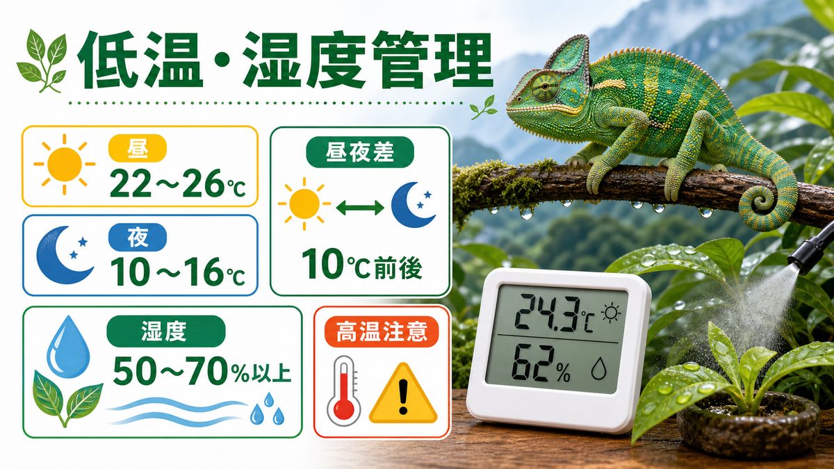 温度（低温）・湿度の管理の要点をまとめたカメレオン・爬虫類飼育インフォグラフィック
