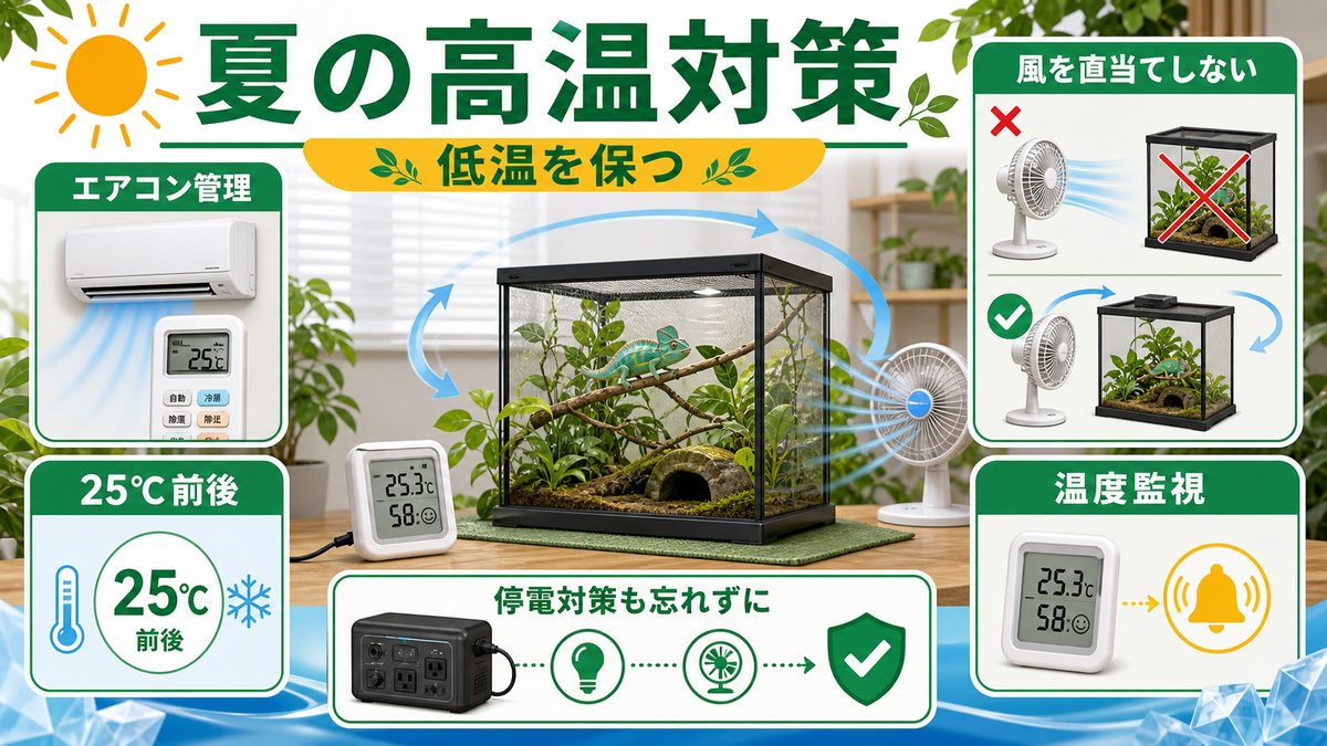 低温を保つ夏の高温対策の要点をまとめたカメレオン・爬虫類飼育インフォグラフィック