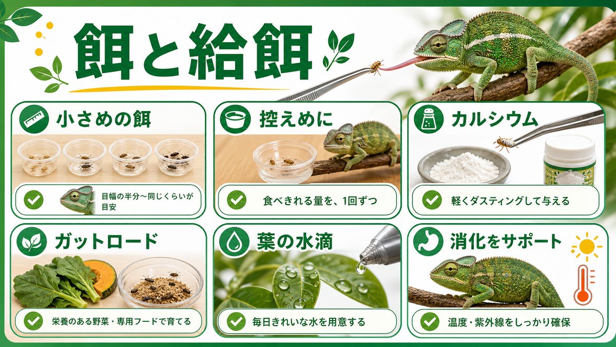 餌と給餌の要点をまとめたカメレオン・爬虫類飼育インフォグラフィック