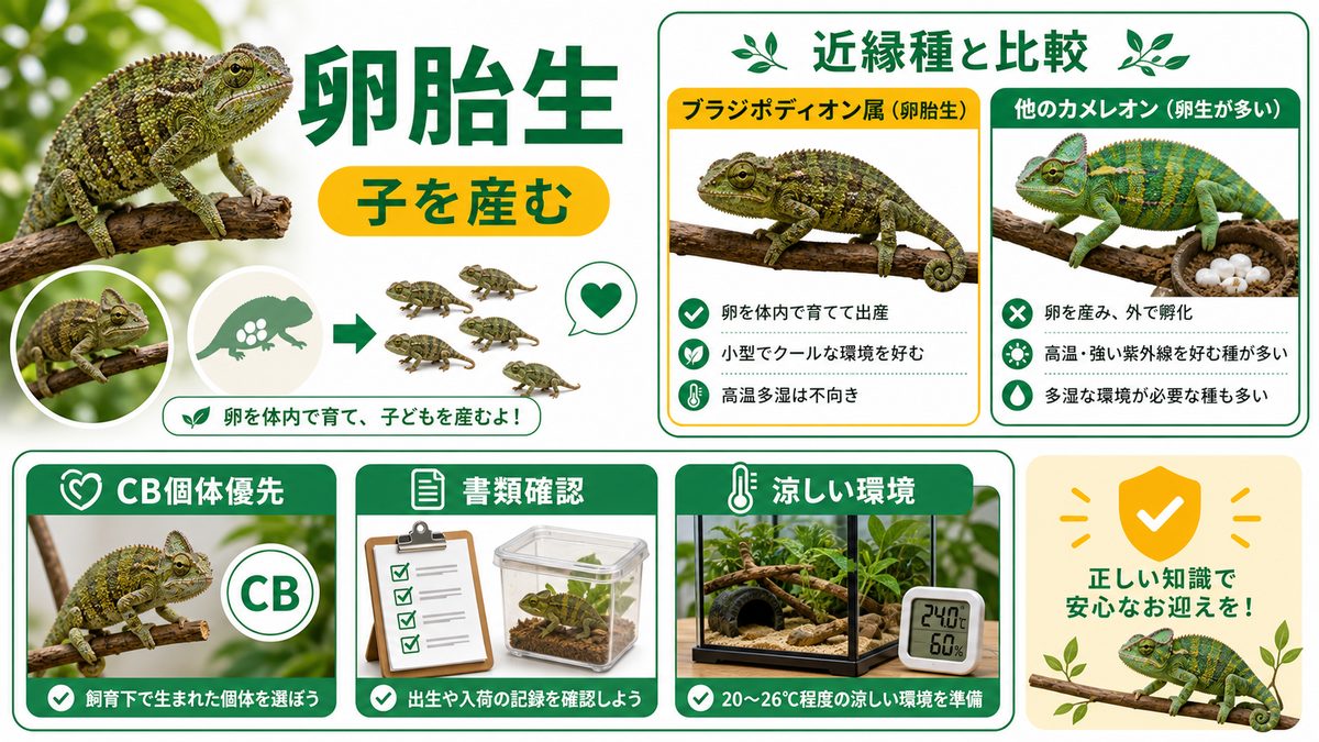 卵胎生の出産・近縁種との違い・お迎えの要点をまとめたカメレオン・爬虫類飼育インフォグラフィック