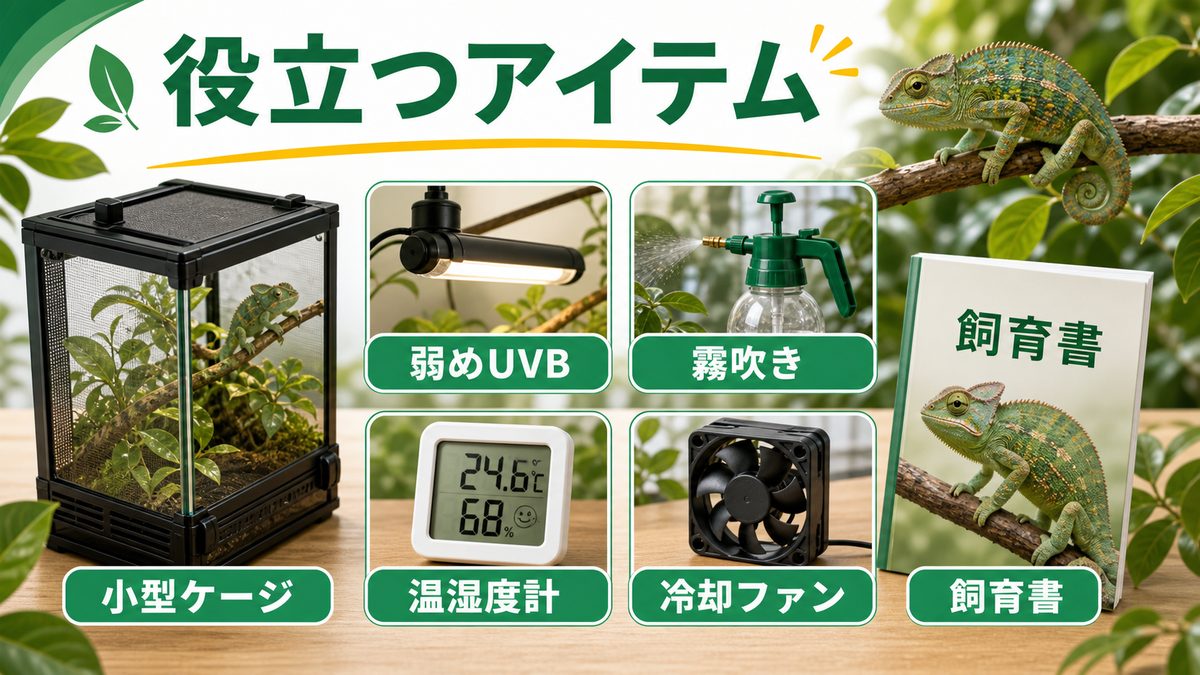 飼育に役立つおすすめアイテムの要点をまとめたカメレオン・爬虫類飼育インフォグラフィック
