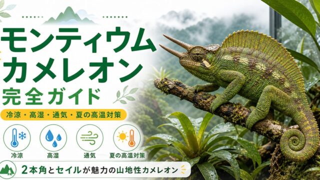 モンティウムカメレオン（Trioceros montium）飼育完全ガイド｜カメルーン産の二角セイルフィンカメレオンの特徴・冷涼飼育を徹底解説の要点を伝えるカメレオン・爬虫類記事アイキャッチ画像