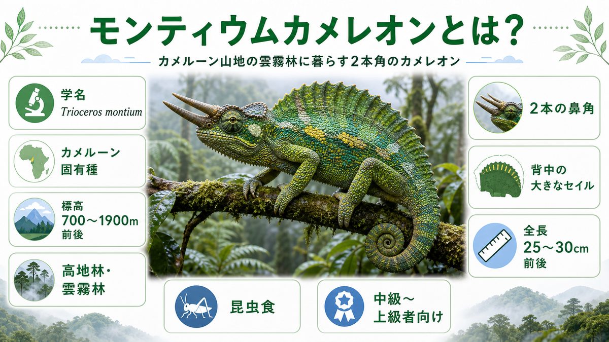 モンティウムカメレオンとは(基本情報)の要点をまとめたカメレオン・爬虫類飼育インフォグラフィック