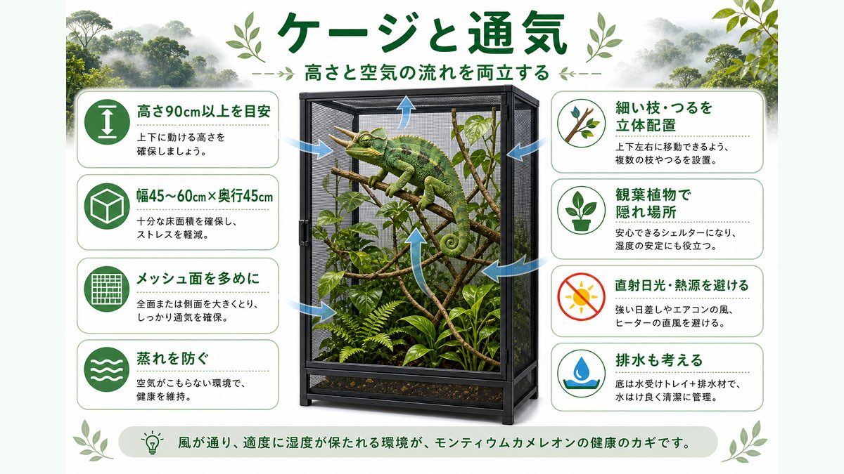 飼育ケージと通気の要点をまとめたカメレオン・爬虫類飼育インフォグラフィック