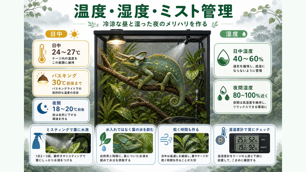 温度・湿度・ミスティング管理の要点をまとめたカメレオン・爬虫類飼育インフォグラフィック