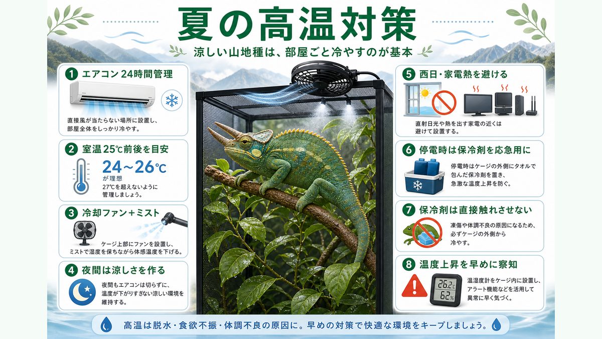 冷涼を保つ夏の高温対策の要点をまとめたカメレオン・爬虫類飼育インフォグラフィック