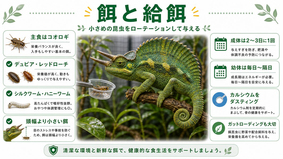 餌と給餌の要点をまとめたカメレオン・爬虫類飼育インフォグラフィック