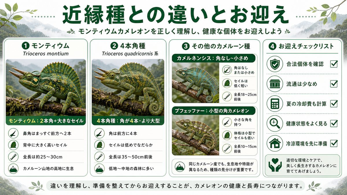 近縁種との違い・お迎えと費用の要点をまとめたカメレオン・爬虫類飼育インフォグラフィック