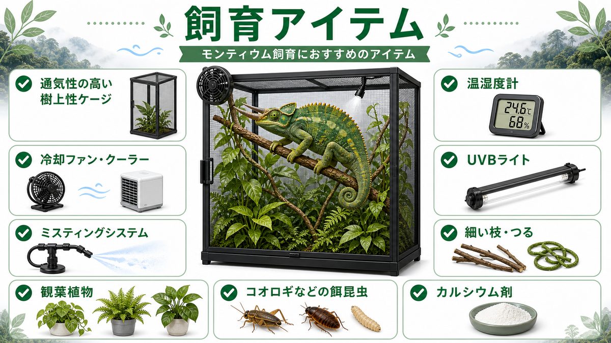 モンティウム飼育におすすめのアイテムの要点をまとめたカメレオン・爬虫類飼育インフォグラフィック