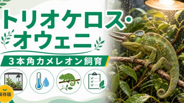 トリオケロス・オウェニ（Trioceros oweni）飼育完全ガイド｜西アフリカ産3本角カメレオンの特徴・生態・飼育環境を徹底解説の要点を伝えるカメレオン・爬虫類記事アイキャッチ画像