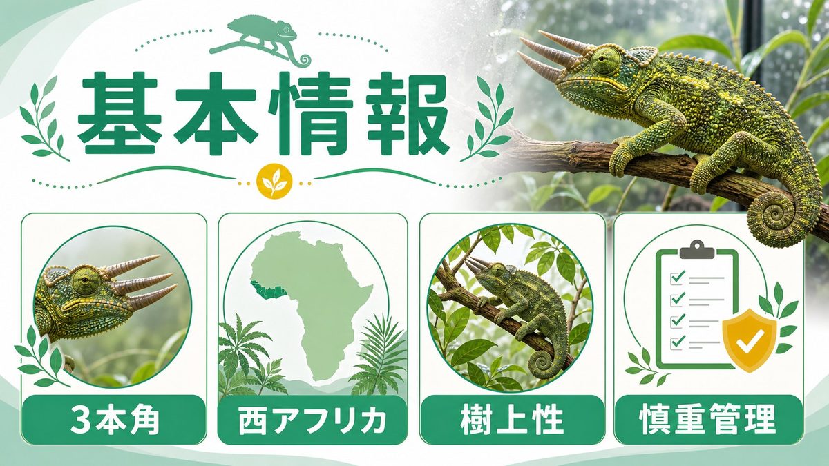 トリオケロス・オウェニの基本情報｜分類・分布・生態の要点をまとめたカメレオン・爬虫類飼育インフォグラフィック