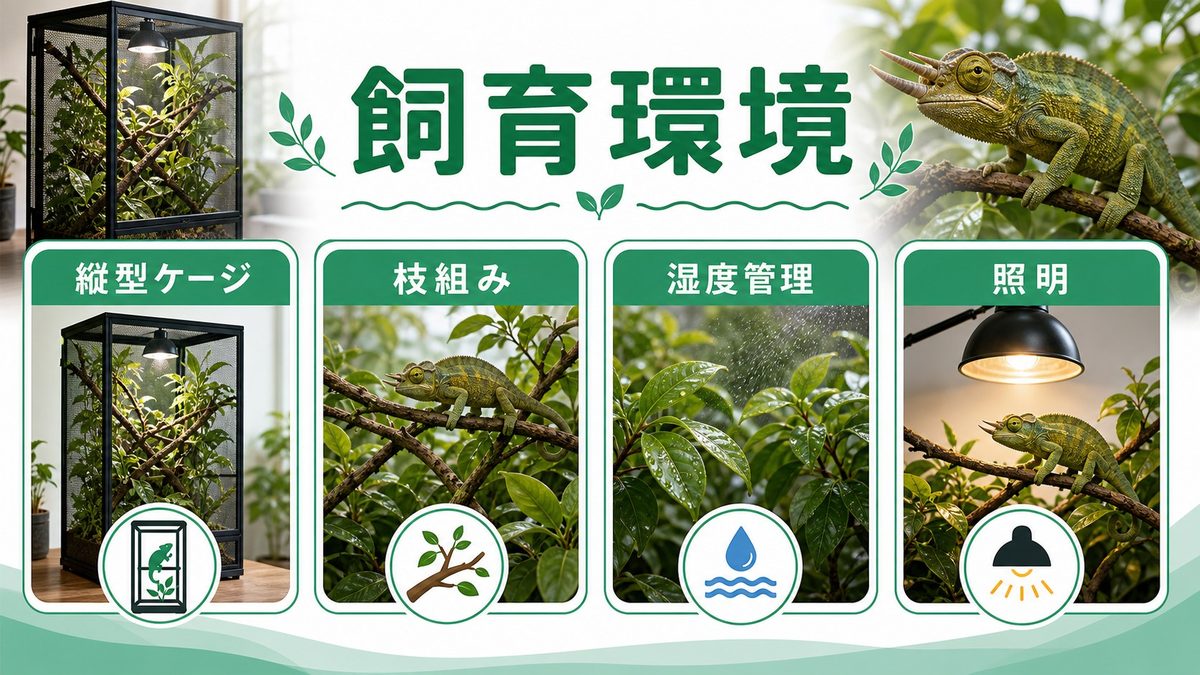 飼育環境設定｜縦型ケージ・温度・湿度・照明の要点をまとめたカメレオン・爬虫類飼育インフォグラフィック