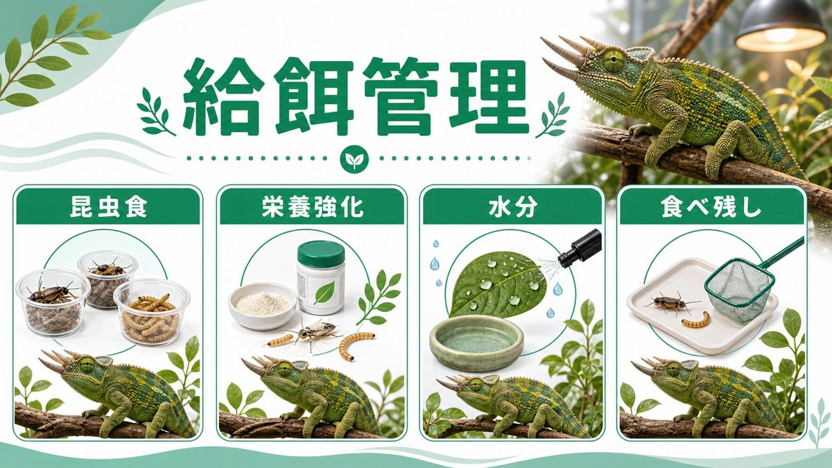 給餌と栄養管理｜昆虫食・サプリ・給餌頻度の要点をまとめたカメレオン・爬虫類飼育インフォグラフィック