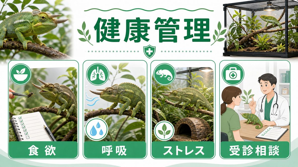 健康管理｜WC個体の寄生虫・RI・ストレス対策の要点をまとめたカメレオン・爬虫類飼育インフォグラフィック