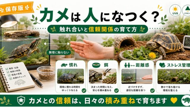 カメは人になつく？カメとの触れ合いと信頼関係の育て方の要点を伝えるカメレオン・爬虫類記事アイキャッチ画像