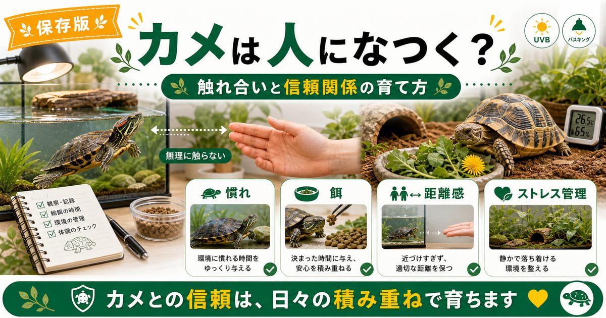 カメは人になつく？カメとの触れ合いと信頼関係の育て方の要点を伝えるカメレオン・爬虫類記事アイキャッチ画像