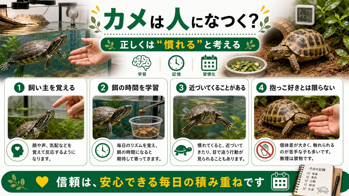 カメは人になつく？結論と「慣れ」の正体の要点をまとめたカメレオン・爬虫類飼育インフォグラフィック