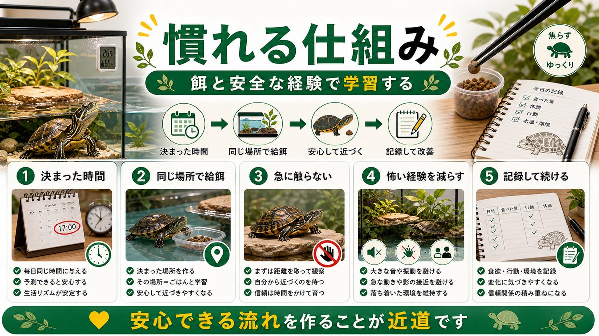カメが人に慣れる仕組み（餌・学習）の要点をまとめたカメレオン・爬虫類飼育インフォグラフィック