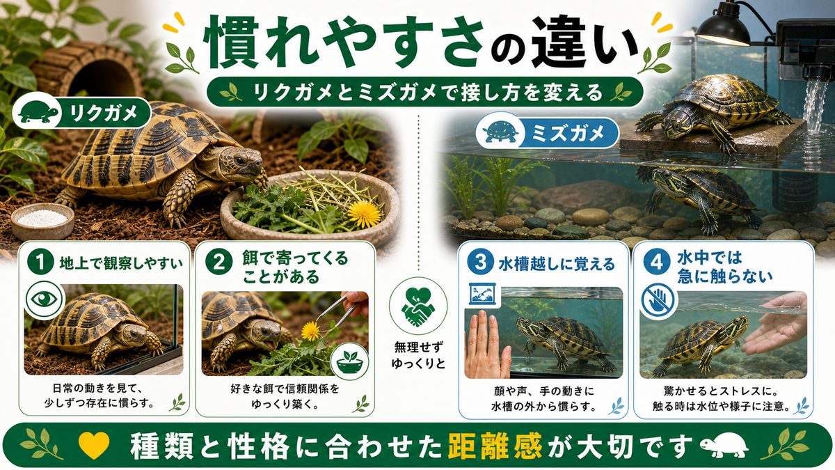 リクガメとミズガメ、慣れやすさの違いの要点をまとめたカメレオン・爬虫類飼育インフォグラフィック
