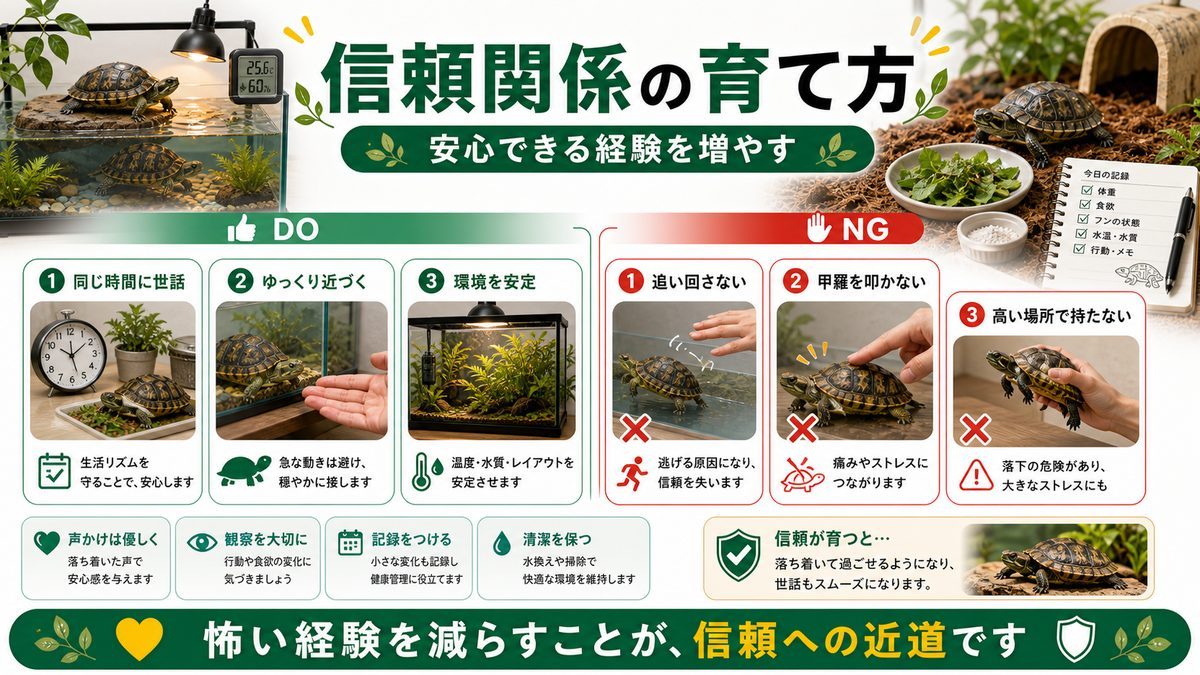 信頼関係の育て方・やってはいけないことの要点をまとめたカメレオン・爬虫類飼育インフォグラフィック