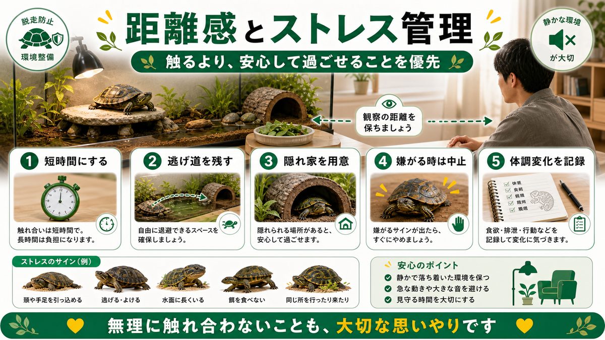 触れ合いの距離感とストレス管理の要点をまとめたカメレオン・爬虫類飼育インフォグラフィック