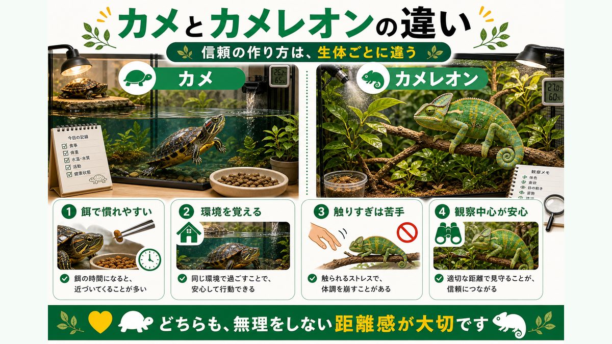カメレオン（ぺぺ君）との違いの要点をまとめたカメレオン・爬虫類飼育インフォグラフィック