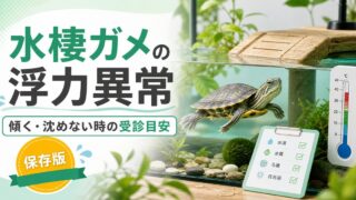 水棲ガメが傾いて泳ぐ・沈めない！浮力異常（フローティング症候群）完全ガイド｜肺炎・ガス貯留の原因と受診目安の要点を伝えるカメレオン・爬虫類記事アイキャッチ画像