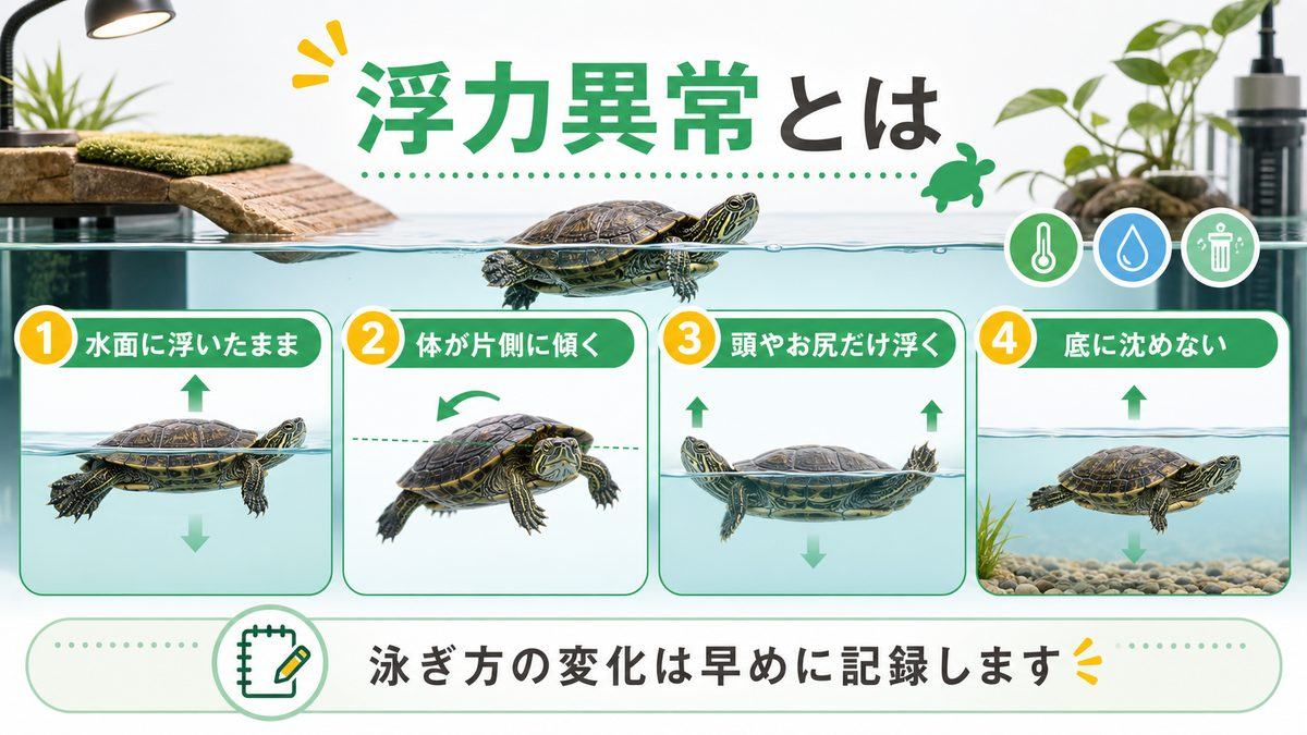 浮力異常（フローティング症候群）とはの要点をまとめたカメレオン・爬虫類飼育インフォグラフィック