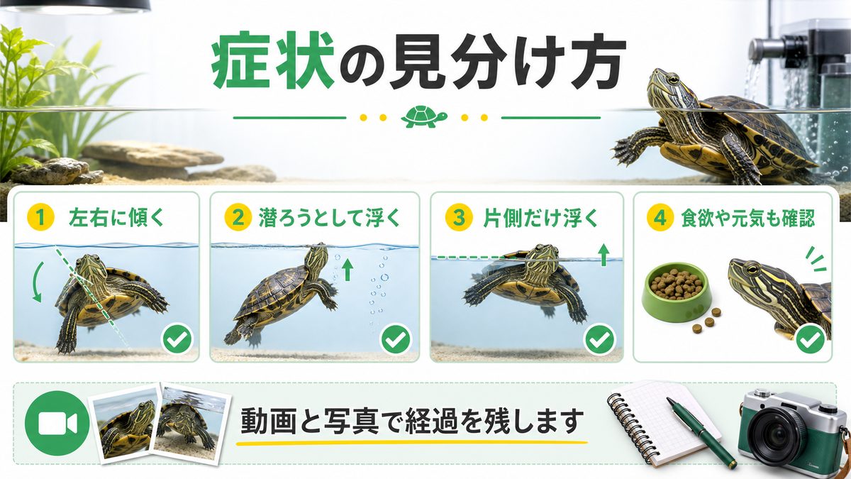 症状（傾く・沈めない・浮く）の見分け方の要点をまとめたカメレオン・爬虫類飼育インフォグラフィック