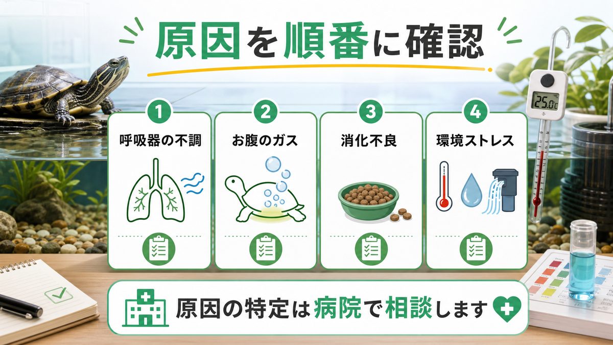 原因（肺炎・ガス貯留・消化不良）の要点をまとめたカメレオン・爬虫類飼育インフォグラフィック
