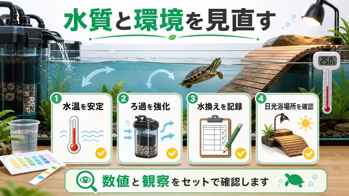 水質・環境のチェックと見直しの要点をまとめたカメレオン・爬虫類飼育インフォグラフィック