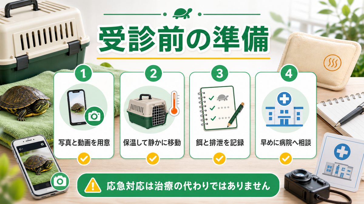 応急対応と動物病院を受診すべき目安の要点をまとめたカメレオン・爬虫類飼育インフォグラフィック
