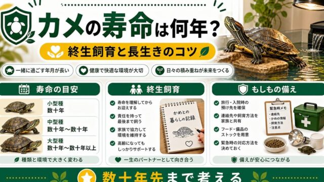 カメの寿命と終生飼育の責任をまとめたアイキャッチ
