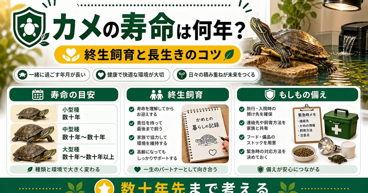 カメの寿命と終生飼育の責任をまとめたアイキャッチ