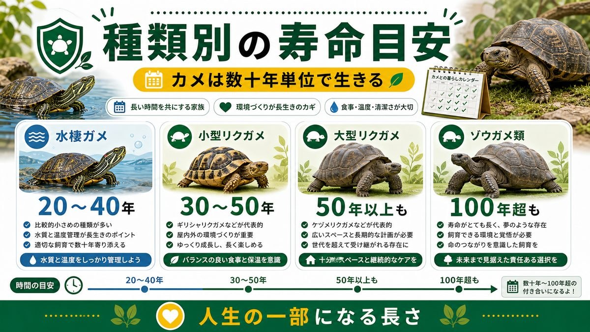 カメの寿命は何年?種類別の目安の要点をまとめたカメレオン・爬虫類飼育インフォグラフィック