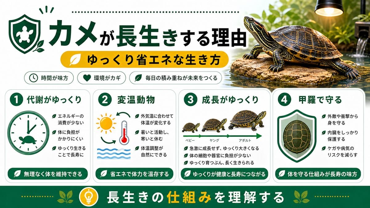 カメが長生きする理由の要点をまとめたカメレオン・爬虫類飼育インフォグラフィック