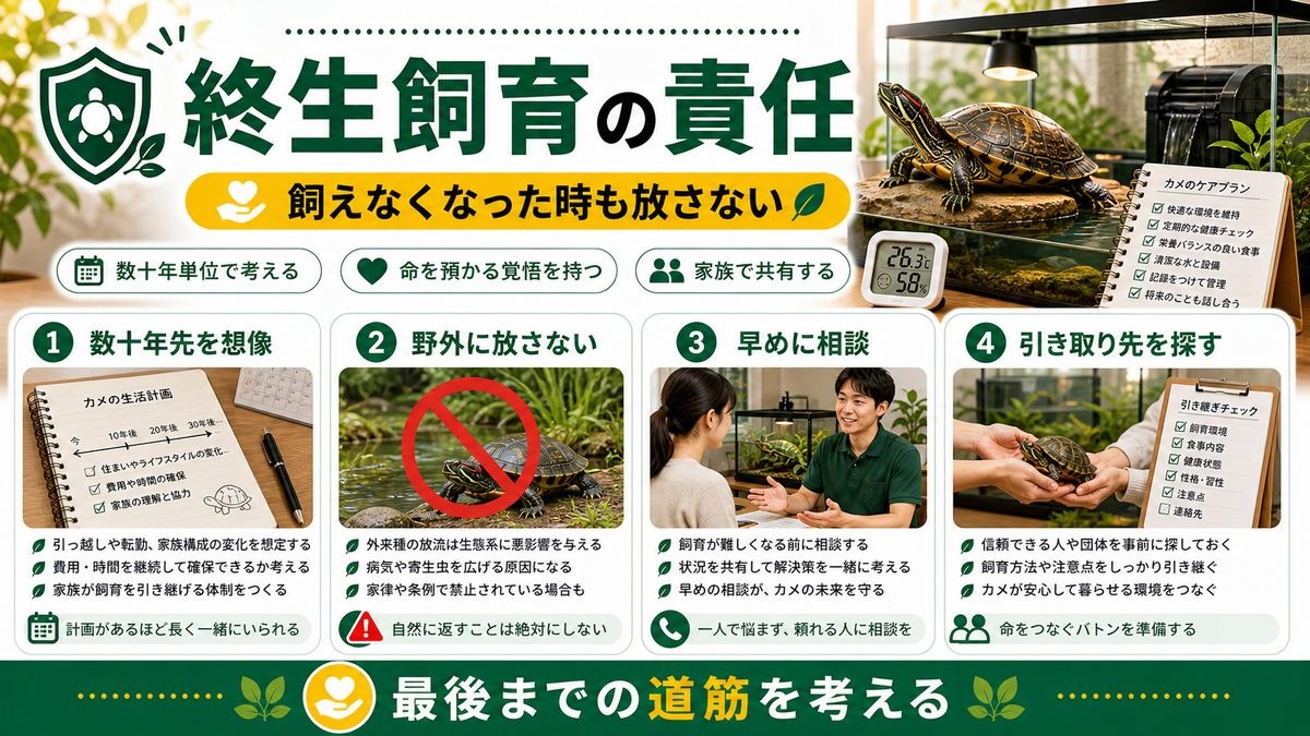 終生飼育の責任と「飼えなくなった時」の要点をまとめたカメレオン・爬虫類飼育インフォグラフィック
