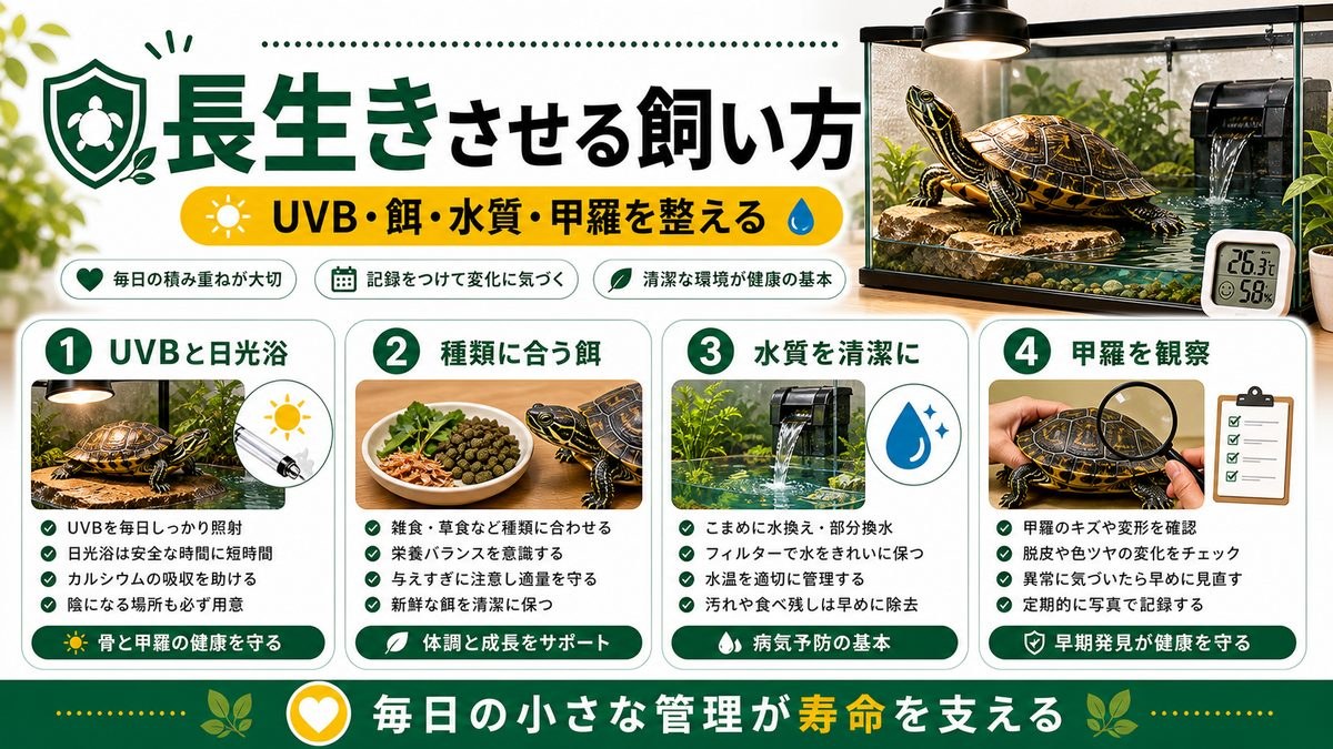 長生きさせる飼い方(UVB・餌・水質・甲羅)の要点をまとめたカメレオン・爬虫類飼育インフォグラフィック