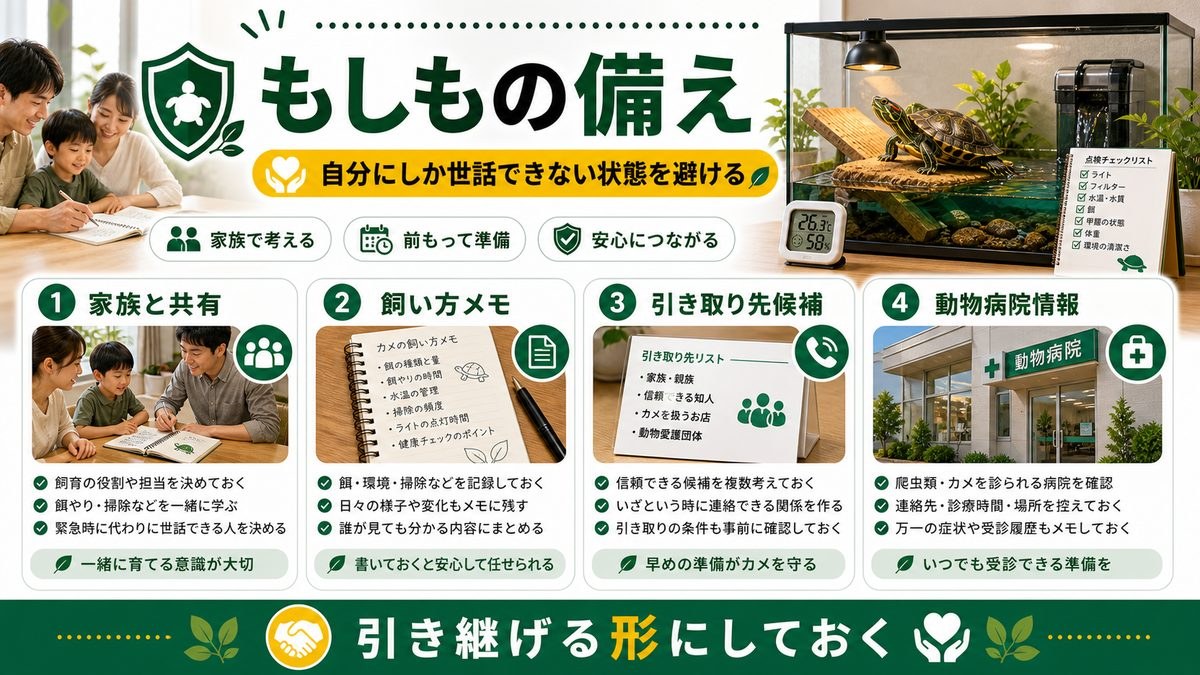 飼い主に何かあった時の備えの要点をまとめたカメレオン・爬虫類飼育インフォグラフィック