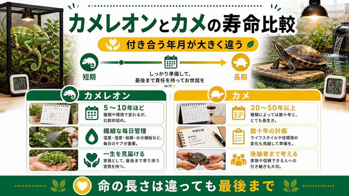 カメレオン(ぺぺ君)との違い・寿命比較の要点をまとめたカメレオン・爬虫類飼育インフォグラフィック