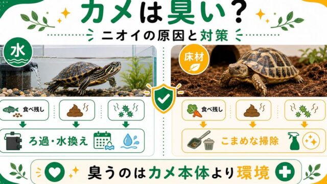 カメは臭い？水槽のニオイの原因と対策・消臭のコツを徹底解説の要点を伝えるカメレオン・爬虫類記事アイキャッチ画像