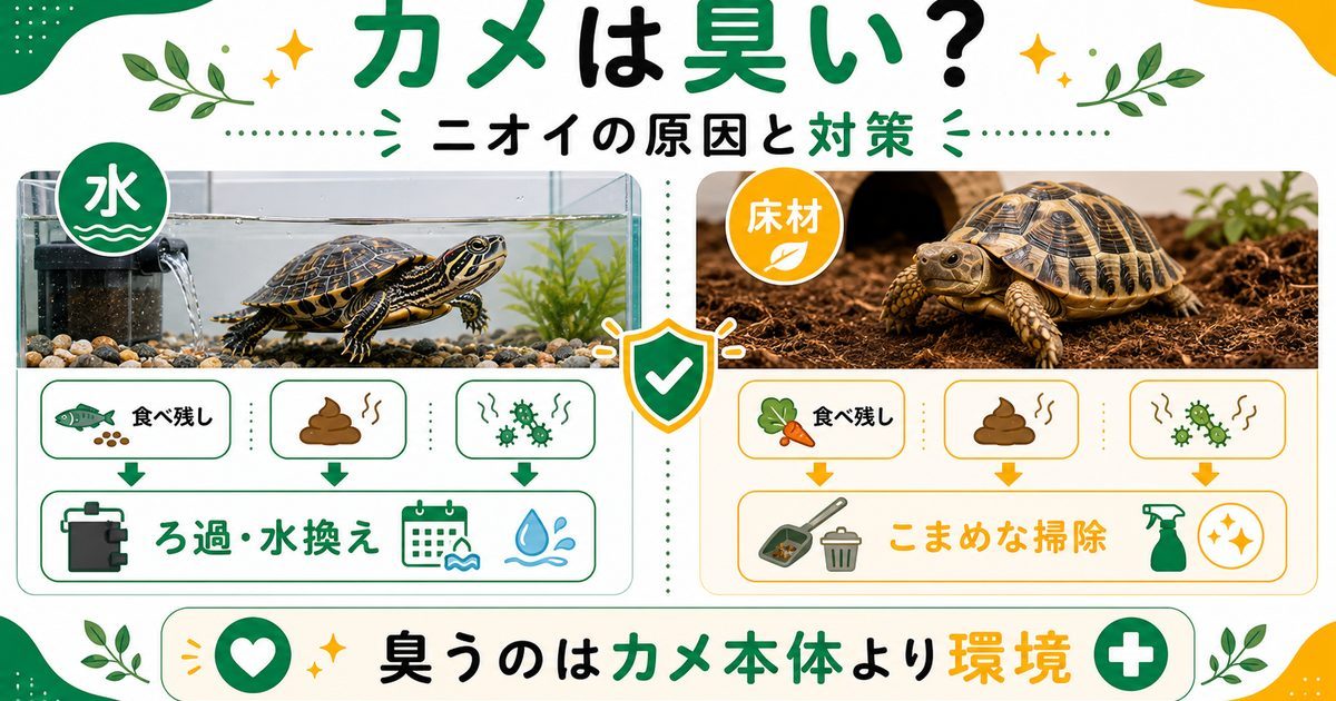 カメは臭い？水槽のニオイの原因と対策・消臭のコツを徹底解説の要点を伝えるカメレオン・爬虫類記事アイキャッチ画像