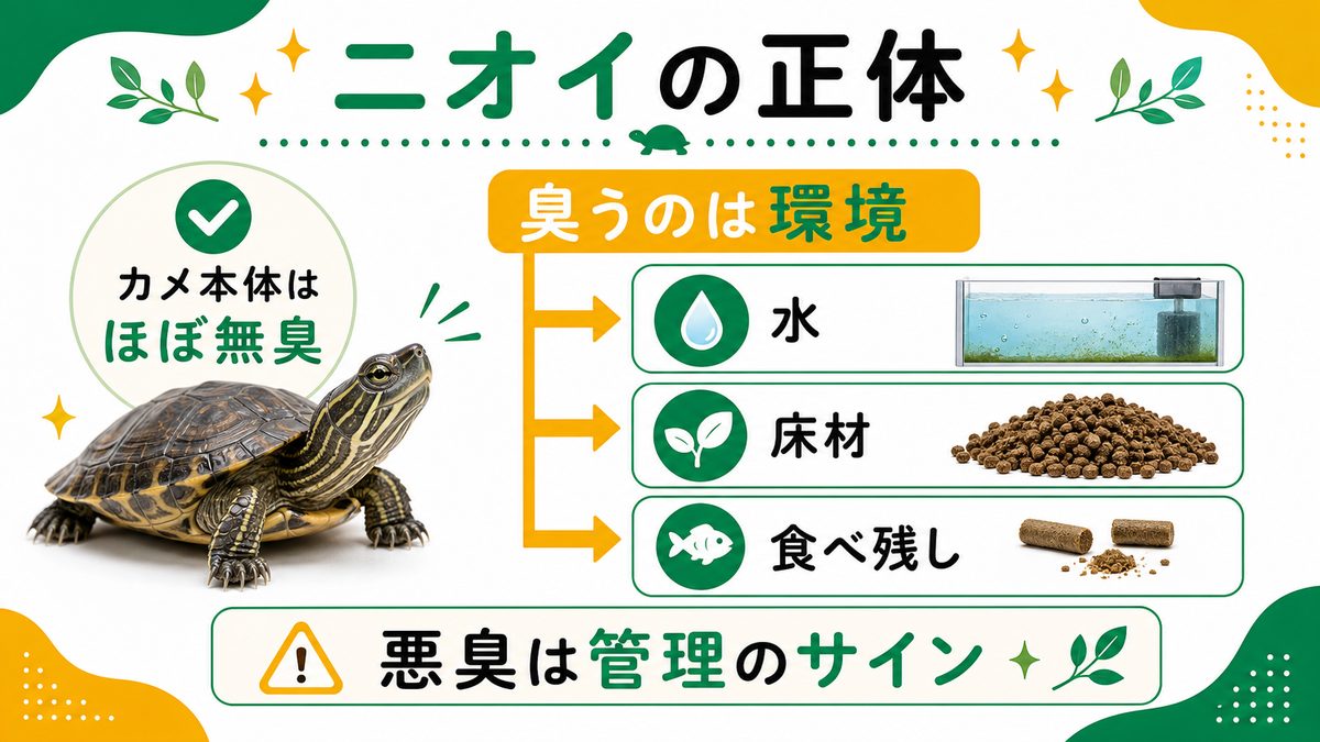 カメは臭い?ニオイの正体(カメ自体は無臭)の要点をまとめたカメレオン・爬虫類飼育インフォグラフィック