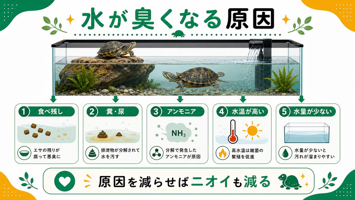ミズガメの水が臭くなる原因の要点をまとめたカメレオン・爬虫類飼育インフォグラフィック