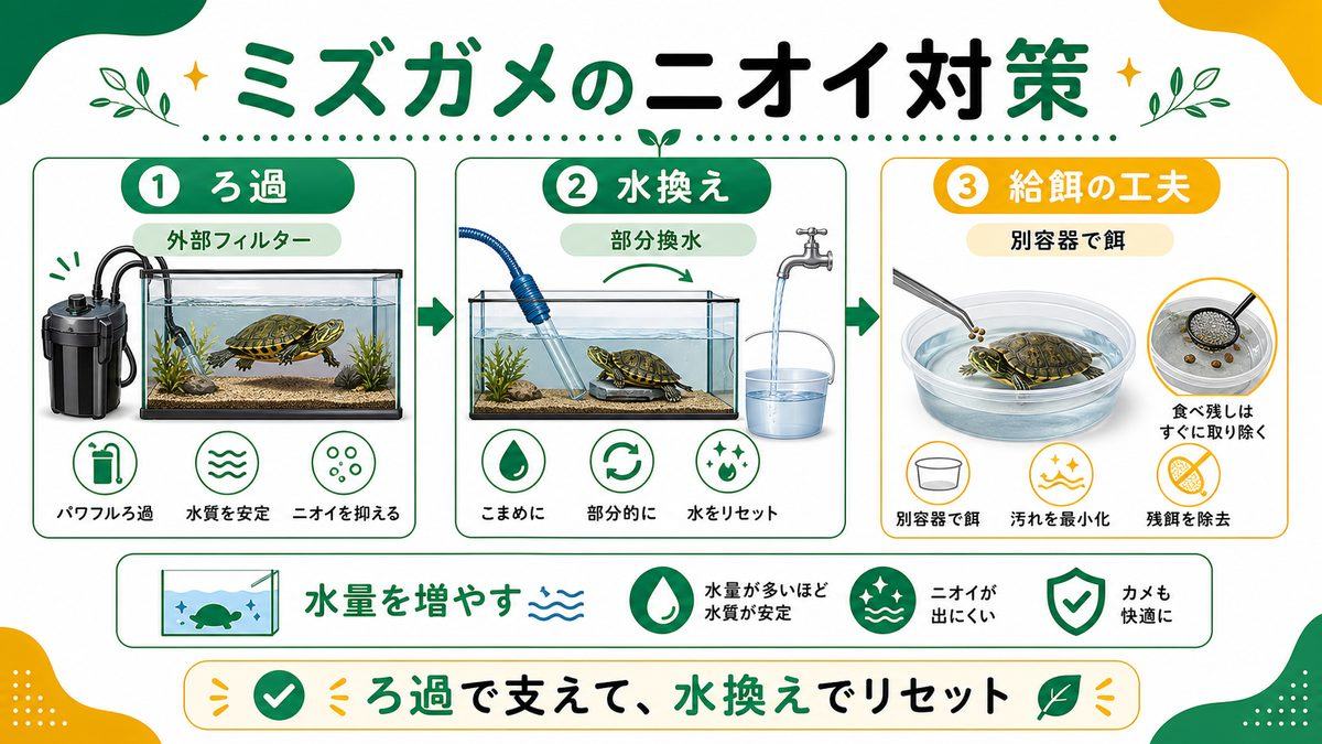 ミズガメのニオイ対策(ろ過・水換え・給餌)の要点をまとめたカメレオン・爬虫類飼育インフォグラフィック