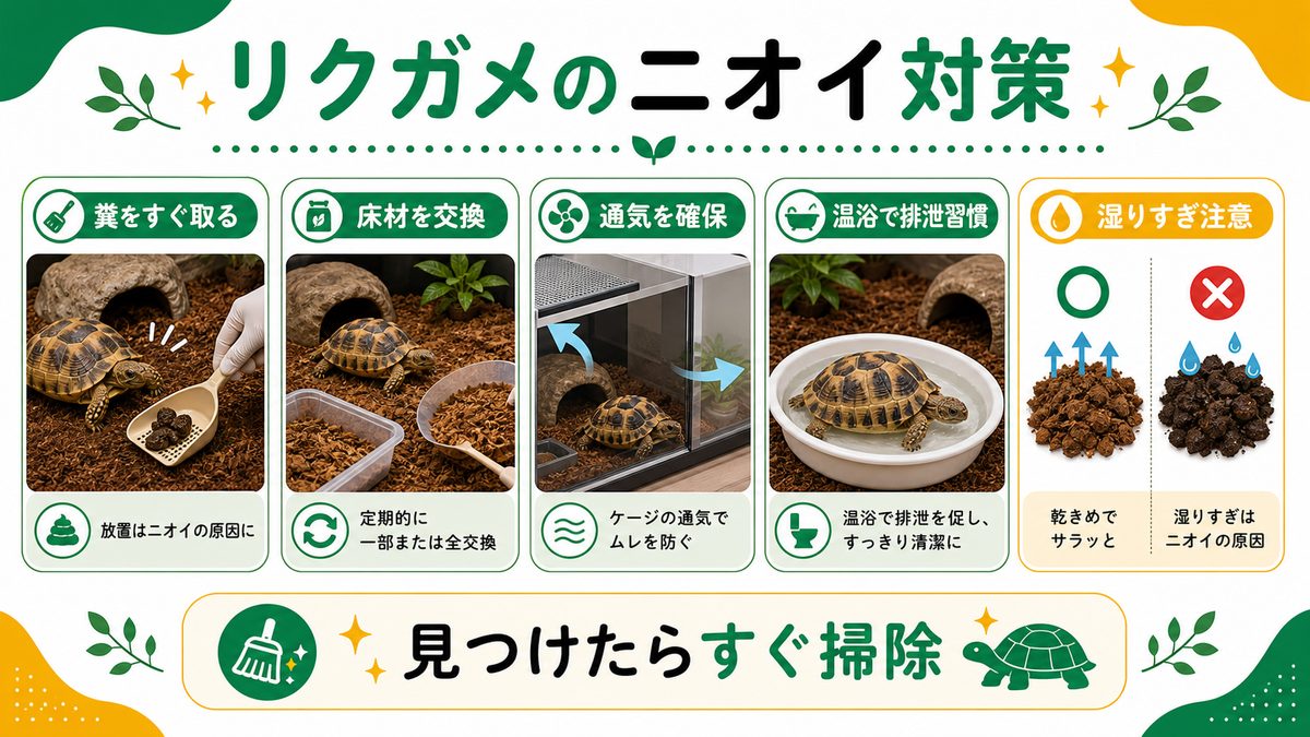 リクガメのニオイと対策(床材・糞)の要点をまとめたカメレオン・爬虫類飼育インフォグラフィック